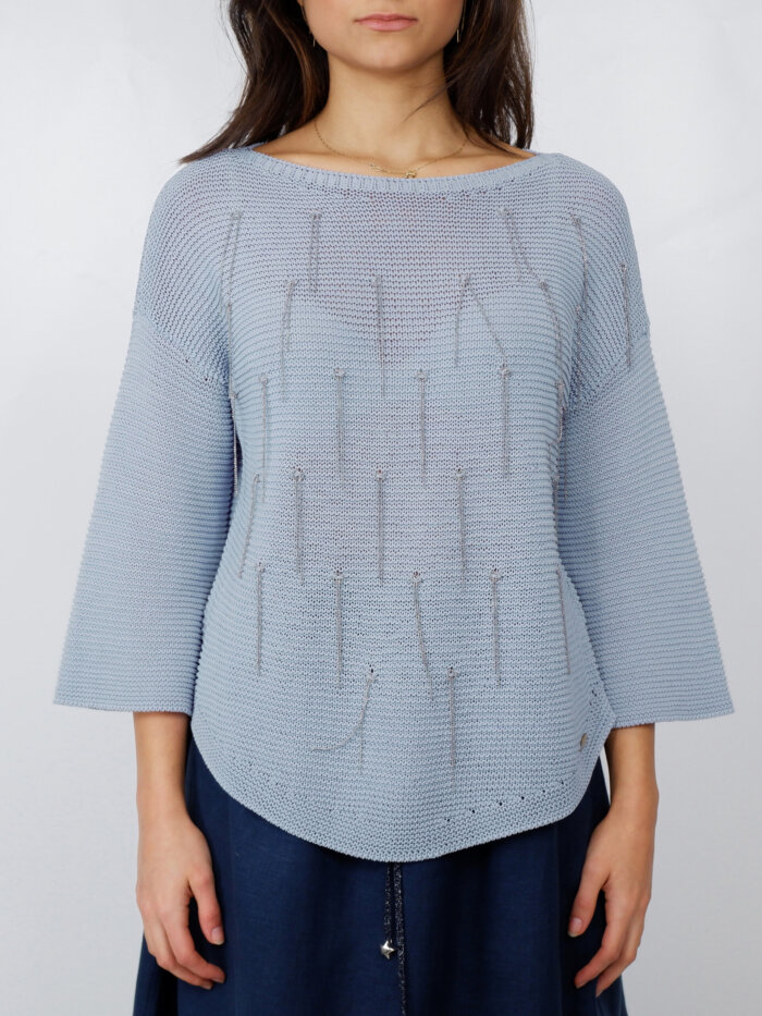 pull lilla con frange in acciaio ricamate