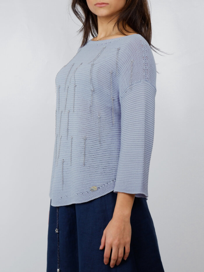 pull lilla con frange in acciaio ricamate